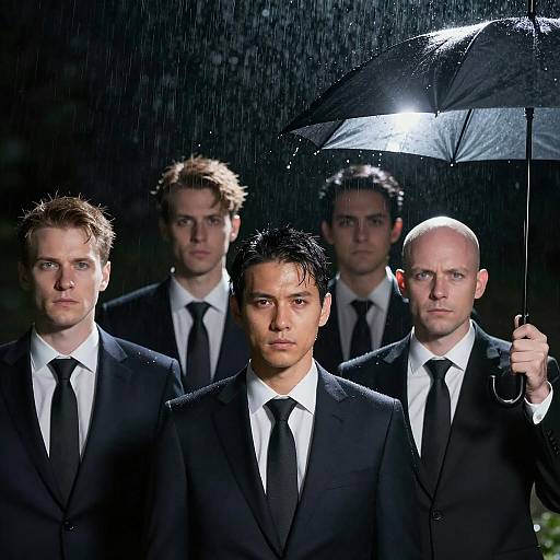 Serious Men in Suits Under Rain