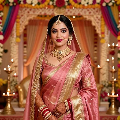 Photograph of a beautiful Indian bride in a pink and gold saree, adorned with jewelry, standing in a decorated wedding setup with candles and floral gar
