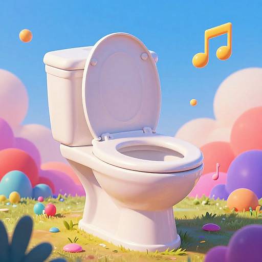 Digital artwork of a white toilet with an open lid on grass, surrounded by colorful balloons, musical notes, and a bright blue sky.