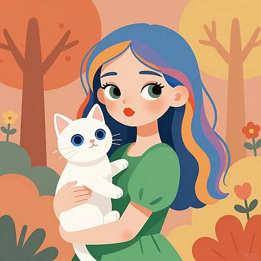 Whimsical Girl with Cat in Colorful Forest