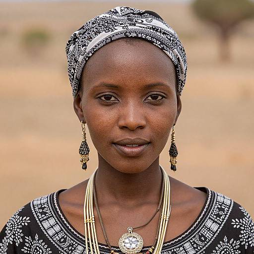 Photograph of a dark-skinned African woman with patterned headscarf, black and white embroidered top, gold earrings, and necklace, standing in