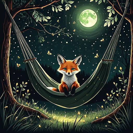 Fox Cub in Hammock Under Moonlit Night