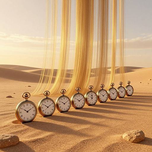 Photograph of seven vintage pocket watches in a desert, each showing different times, with golden sand waves cascading from above.