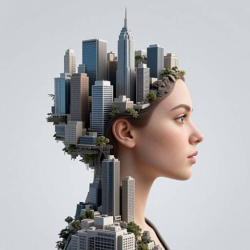 Digital artwork: Side profile of a woman with a cityscape merging into her hair and neck, skyscrapers and greenery blending seamlessly.