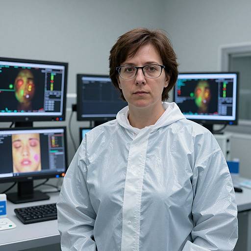Photograph of a serious, short-haired, white man with glasses, wearing a white lab coat, standing in a modern lab with three computer monitors displaying