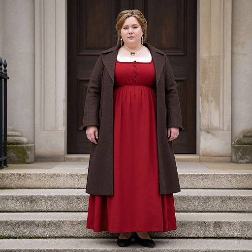 Photograph of a plus-sized woman with light skin, brown hair in a bun, wearing a red dress, white collar, and brown coat, standing