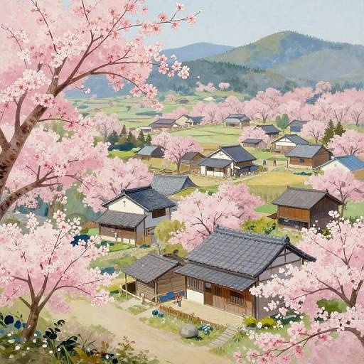 Colorful digital painting of a serene Japanese village with cherry blossom trees in bloom, traditional wooden houses, green fields, and distant mountains under a clear blue