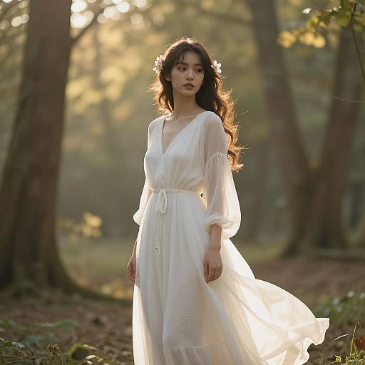 Photograph of a young woman with long, wavy brown hair, wearing a flowing white dress and flower crown, standing in a sunlit forest.