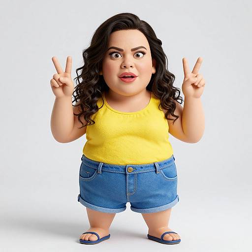 Digital 3D illustration of a curvy woman with dark curly hair, wearing a yellow tank top, blue denim shorts, and blue sandals, standing