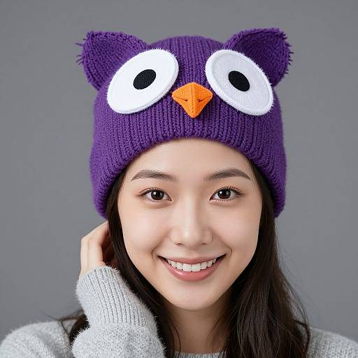 Photograph of a smiling Asian woman with long dark hair, wearing a purple knitted owl hat with white eyes and orange beak, against a gray