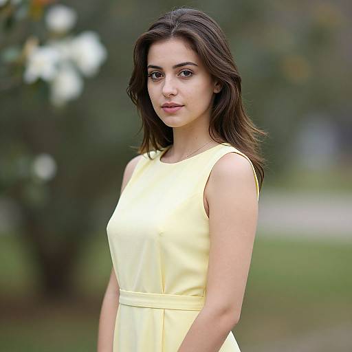 Photograph of a young woman with long brown hair, wearing a sleeveless, bright yellow dress, standing outdoors with a blurred green and white background.