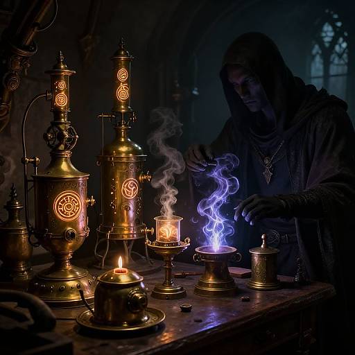 Mysterious alchemist in dark hood creates blue flame in dimly lit workshop, surrounded by glowing brass lanterns and candles.