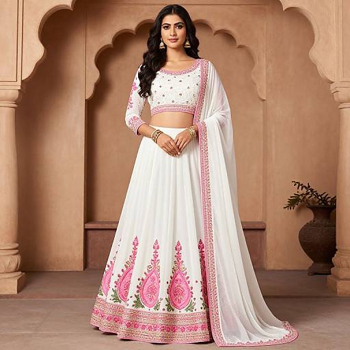 Off White Pink Embroidered Lehenga