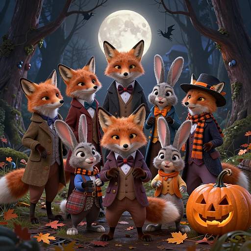 Whimsical Foxes and Rabbits in Halloween Forest
