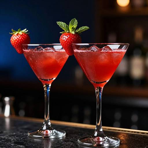 Photograph of two red cocktails in martini glasses with ice, garnished with strawberries and mint, on a dark bar counter.