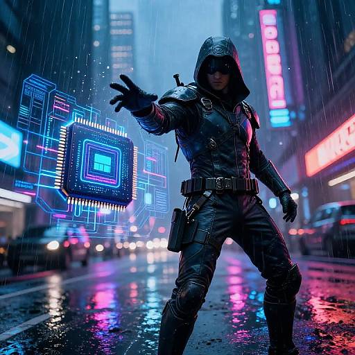 Cyberpunk street scene: hooded, armored figure with glowing blue hologram extends hand, neon lights reflect on wet pavement, rain pours down,