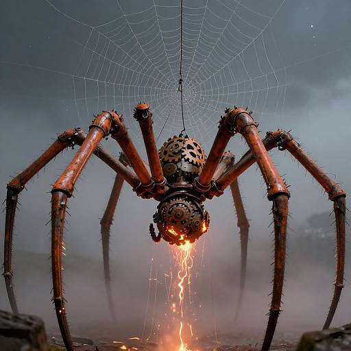 Photorealistic CGI of a fiery, mechanical spider with glowing eyes, dripping flames, and a detailed web in a smoky, dark background.