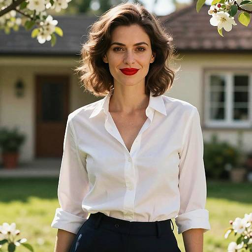 Photograph of a smiling woman with wavy brown hair, wearing a white button-up shirt and black pants, standing in a sunlit garden with blo