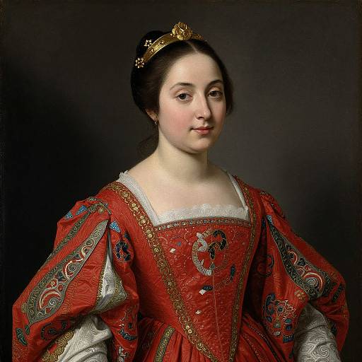 17th-century portrait of a young woman with pale skin, dark hair, and red embroidered gown, wearing a gold crown, set against a dark background