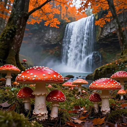 Vivid Red Mushrooms in Mystical Forest