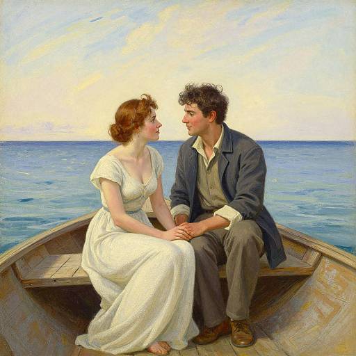 Illustration of a romantic scene: a brunette woman in a white dress and a dark-haired man in a blue coat and gray vest, sitting in a