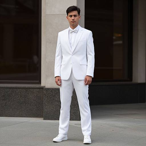 Man in White Suit on Sidewalk