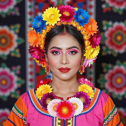 Woman in Colorful Floral Traditional Dress