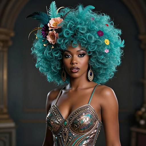 Photograph of a dark-skinned woman with vibrant turquoise curly hair, adorned with feathers and flowers, wearing a glittering, sequined top, and