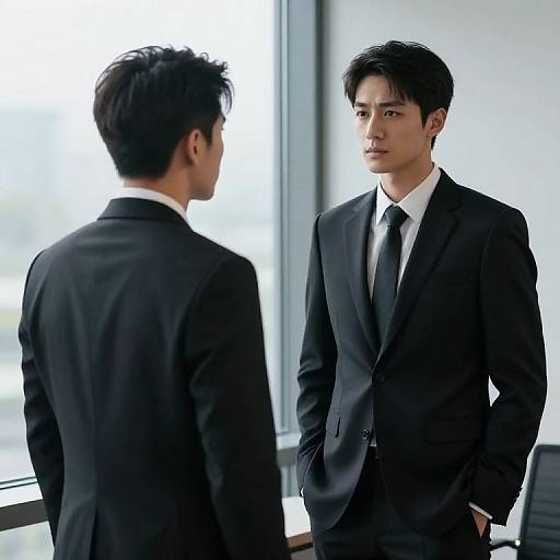 Photograph of two Asian men in black suits, white shirts, and black ties, standing in a modern office with large windows. The man facing forward