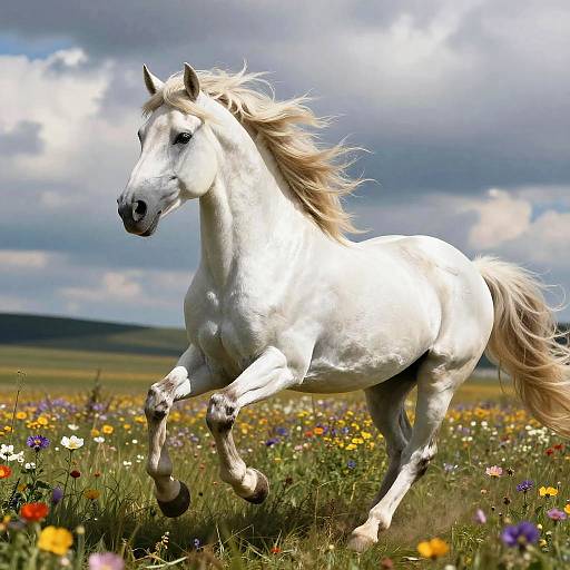 Photograph of a powerful white horse with flowing mane galloping through a vibrant, colorful meadow with wildflowers under a cloudy sky.
