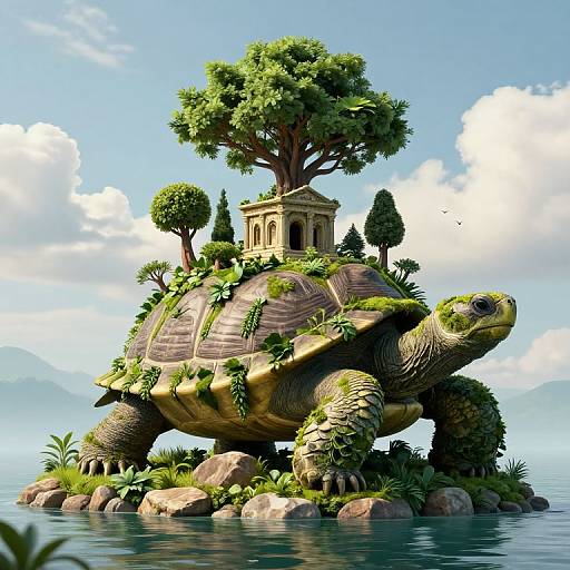 CGI illustration of a giant turtle with a small temple and lush trees on its shell, standing in a calm lake.