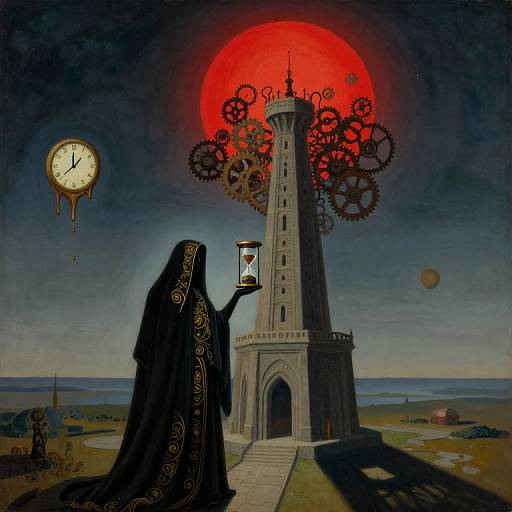 Mysterious figure in black hooded cloak with ornate trim holds hourglass, stands before clock-tower with gears, red sun backdrop. Digital art