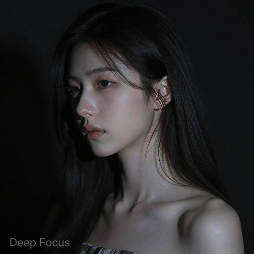 Photograph of a pale, young Asian woman with long black hair, soft shadows, and a somber expression, set against a dark background. Water