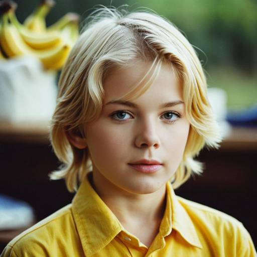 Blond Boy in Yellow Shirt with Bananas in Background