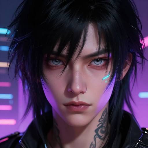 Digital portrait of a serious, androgynous figure with black, messy hair, glowing blue skin mark, tattooed neck, and intense blue eyes