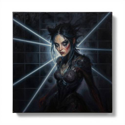 Digital painting of a dark, mysterious woman with black, spiky hair, glowing blue eyes, and a black, form-fitting outfit against a grid