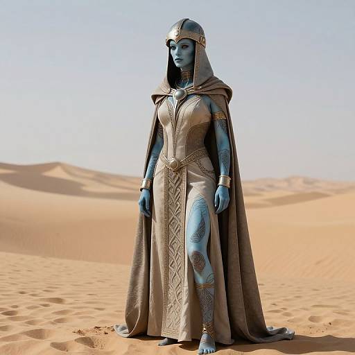 CGI image of a blue-skinned, tattooed female alien in a bronze, ornate desert robe and headpiece, standing in a sunlit