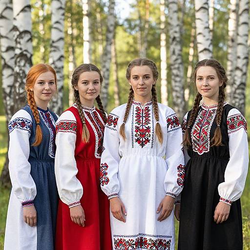 Photograph of four young girls with braided hair, standing in a birch forest, wearing traditional white and red embroidered dresses with black and navy blue