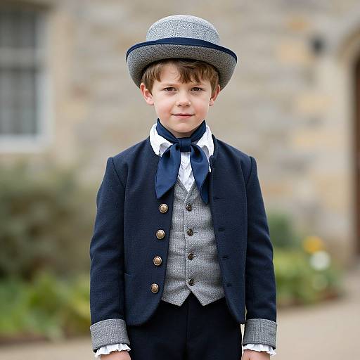 Photograph of a young boy in a navy blue suit, white shirt, grey vest, navy tie, and grey-and-black houndstooth hat