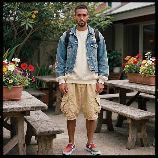 Photograph of a bearded man with short black hair, wearing a denim jacket, white shirt, beige cargo shorts, and red sneakers, standing in
