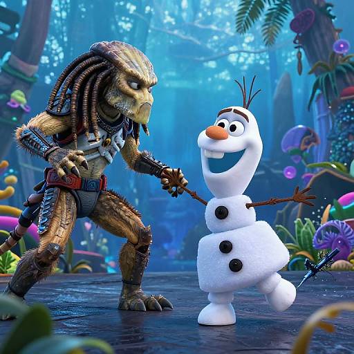 CGI image of a Predator in combat gear confronting a smiling snowman in a vibrant, fantastical forest with colorful plants.