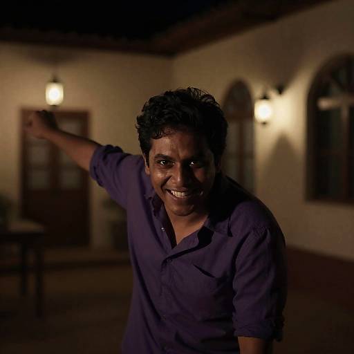 Intense Smiling Man in Rustic Setting