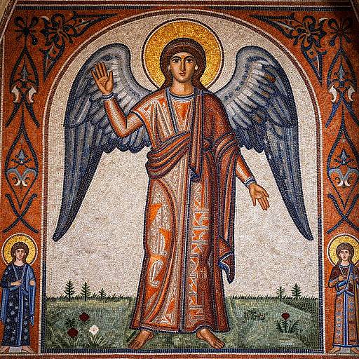 Mosaic of angelic Christ figure with blue wings, golden halo, raising right hand, wearing red and gold robe, set within ornate archway