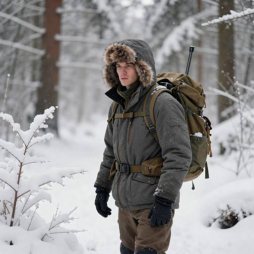 Winter Adventure: Man in Snowy Forest