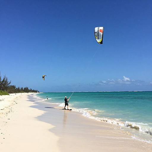 Photograph: Kitesurfer in black wetsuit flies a colorful kite on a pristine, white sandy beach with turquoise ocean and clear blue sky
