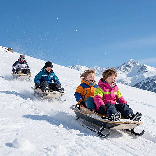 Photograph of three children sledding downhill on a snowy mountain slope under a clear blue sky, wearing colorful winter jackets.