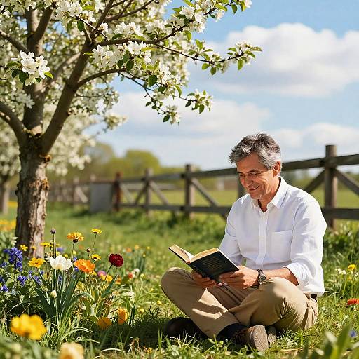 Middle-aged man with gray hair, wearing white shirt and beige pants, reads a book under a blooming tree in a sunny meadow with colorful wild
