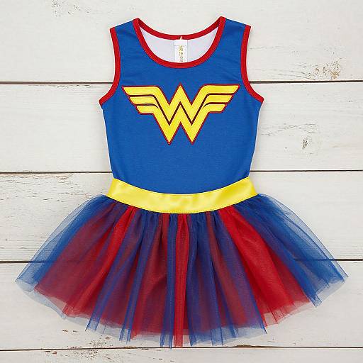 Photograph of a child's superhero dress with blue bodice, red and blue tulle skirt, yellow waistband, and yellow 