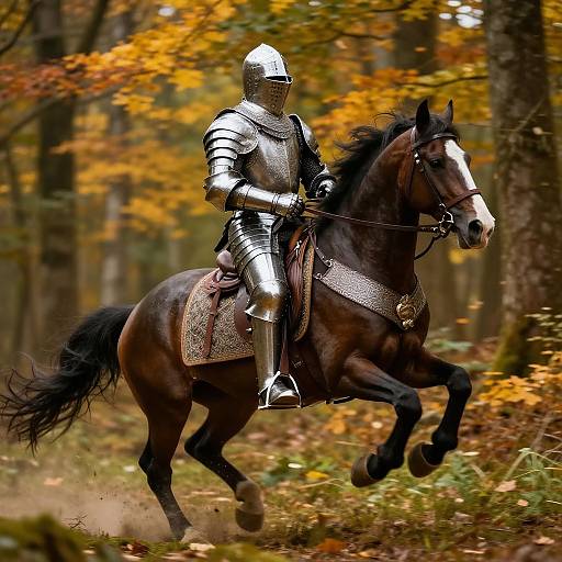 Photograph of a knight in silver armor riding a black horse with a white blaze through an autumn forest, vibrant orange and yellow leaves in the background.