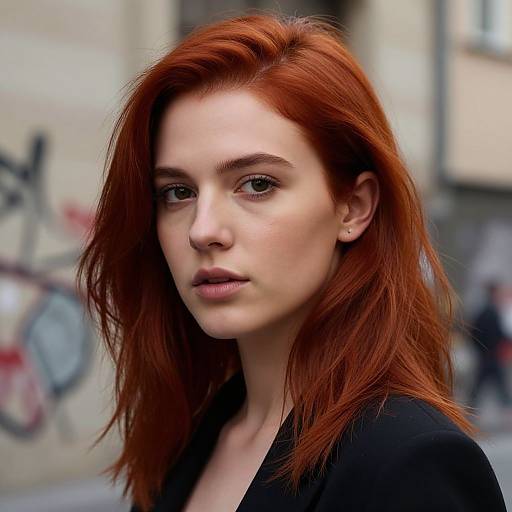 Photograph of a young woman with fair skin and vibrant red hair, wearing a black top, standing in a blurred urban street background.